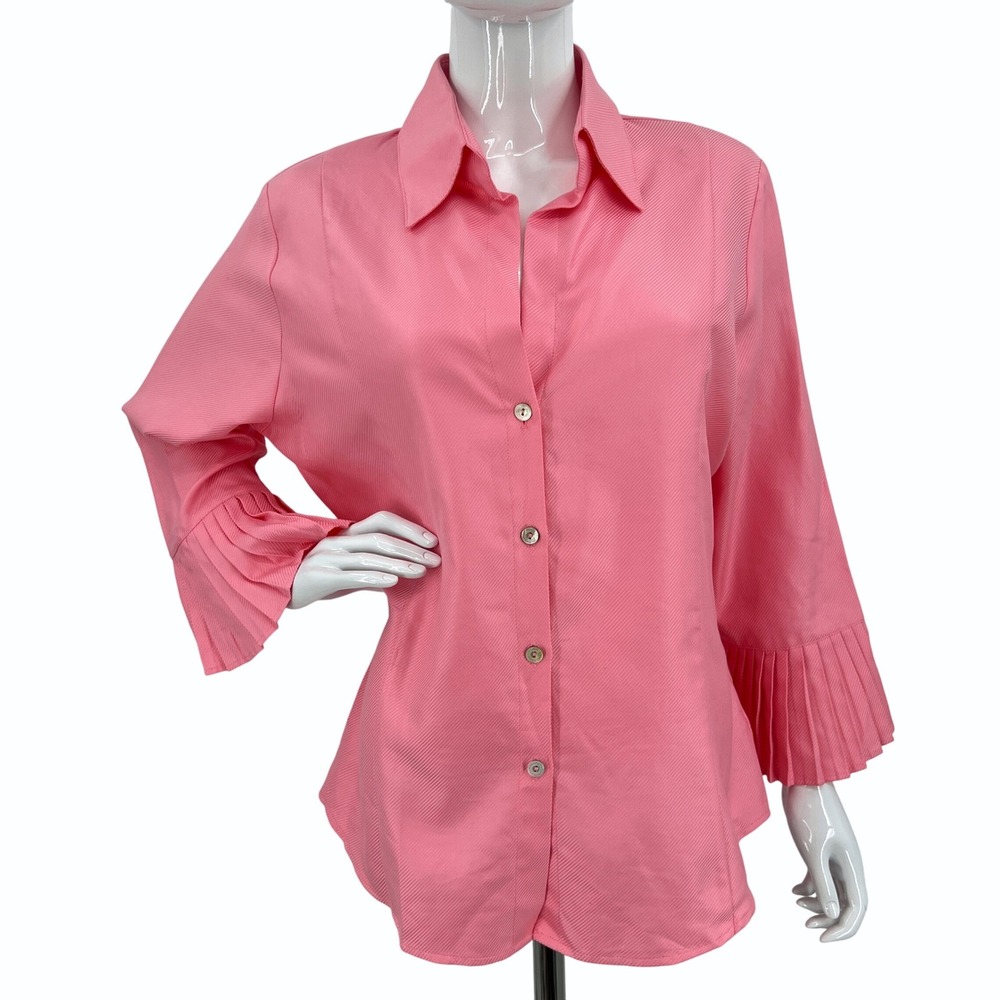 Farinaz Taghavi‎ 100% Cotton Barbie Pink Pleated Flare Sleeve Blouse Size 14